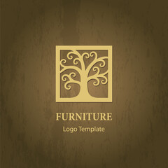 Stylized tree logo template. Abstract swirly tree in a frame silhouette. Wood furniture logo design element. Vector illustration