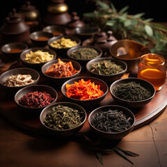 Fototapeta premium oriental spices on the table in bowls of different categories and colors created with Generative Ai