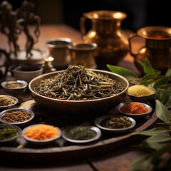 Fototapeta premium oriental spices on the table in bowls of different categories and colors created with Generative Ai