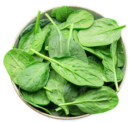 Green fresh spinach leaves in the bowl on white background. Clipping path.