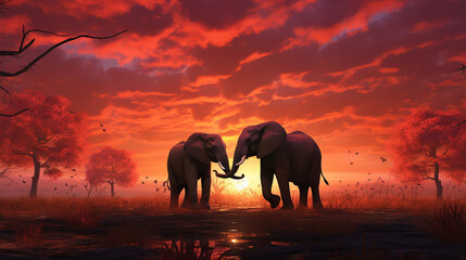elephants at sunset in continent - obrazy, fototapety, plakaty