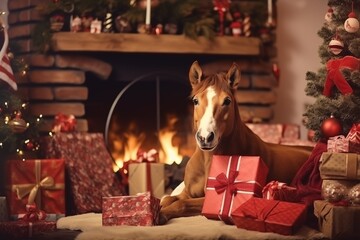 a cute horse looking at presents on christmas morning 