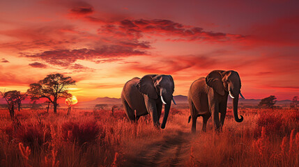 Fototapeta na wymiar elephants on sunset