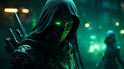 green samurai ninja, deadly warrior in the shadows, terrifying assassin.