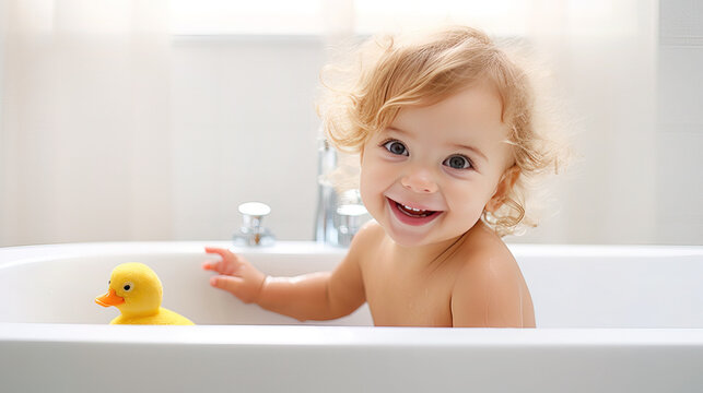 cute curly caucasian kid baby girl toddler taking a bath with yellow rubber duck toy smiling and looking at camera with copy space. baby care concept. AI.