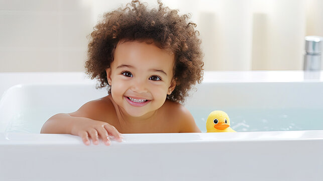 cute curly african american kid baby girl toddler taking a bath with yellow rubber duck toy smiling and looking at camera with copy space. baby care concept. Ai.