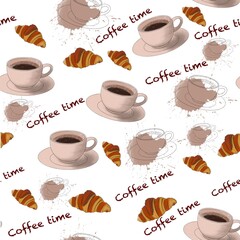 Seamless pattern with coffee and croissants