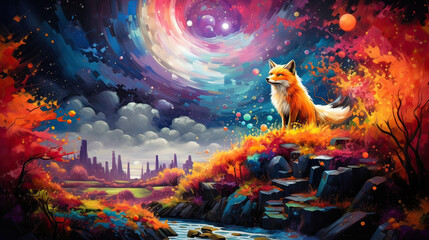 Artistic impression of a fox's dreamscape filled with vibrant hues AI generative