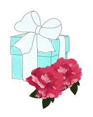 Illustration of a gift box with peonies