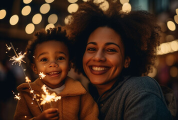 Obraz na płótnie Canvas Festive Delight Afro-American Woman and Child with Sparklers on Christmas Eve