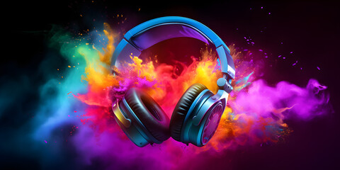 A headphone with colorful color powder splash
