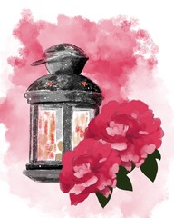 Watercolour illustration of peonies and lantern in a vintage style
