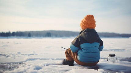 Little kid sitting on the ice, ice fishing in winter - obrazy, fototapety, plakaty