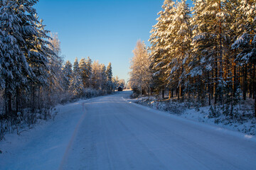 Fototapeta na wymiar Snowy winter road with trees. Winter conditions in the North. Copy Space