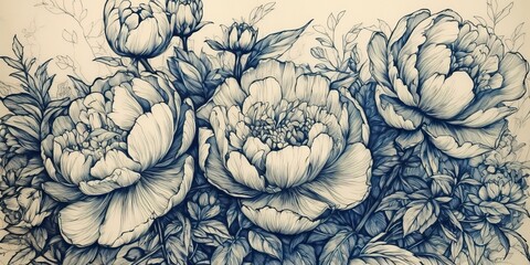 AI Generated. AI Generative. Retro vintage paint drawing ink sketch peonies flowers in blue old style. Can be used for decoration of wedding card or romantic fashion postcard.  Graphic Art