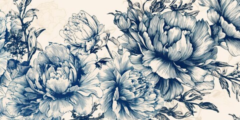 AI Generated. AI Generative. Retro vintage paint drawing ink sketch peonies flowers in blue old style. Can be used for decoration of wedding card or romantic fashion postcard.  Graphic Art - obrazy, fototapety, plakaty