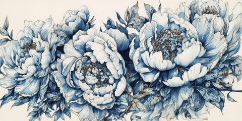 AI Generated. AI Generative. Retro vintage paint drawing ink sketch peonies flowers in blue old style. Can be used for decoration of wedding card or romantic fashion postcard.  Graphic Art