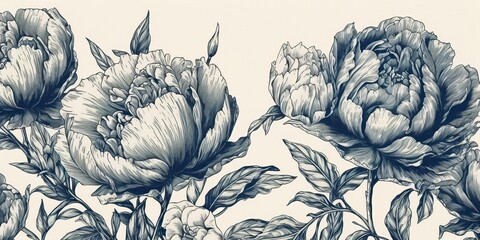 AI Generated. AI Generative. Retro vintage paint drawing ink sketch peonies flowers in blue old style. Can be used for decoration of wedding card or romantic fashion postcard.  Graphic Art