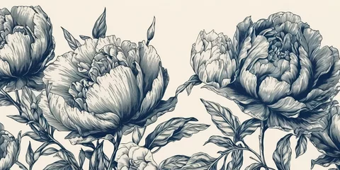 Foto op Canvas AI Generated. AI Generative. Retro vintage paint drawing ink sketch peonies flowers in blue old style. Can be used for decoration of wedding card or romantic fashion postcard.  Graphic Art © AkimD