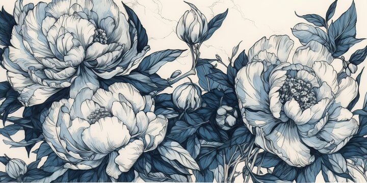 AI Generated. AI Generative. Retro vintage paint drawing ink sketch peonies flowers in blue old style. Can be used for decoration of wedding card or romantic fashion postcard.  Graphic Art