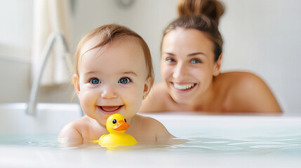 cute curly african american kid baby boy toddler taking a bath with yellow rubber duck toy smiling and looking at camera with copy space. baby care concept. Ai.