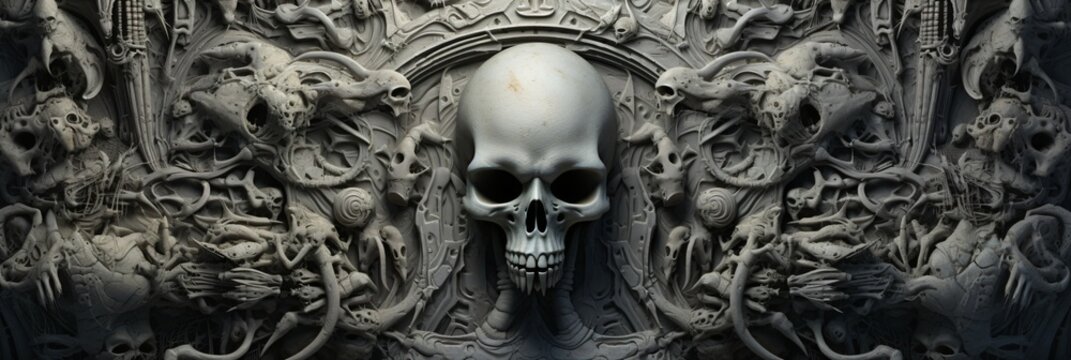 bizarre alien wall art, extraterrestrial stone skull relief