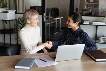 Two happy diverse confident businesswomen shaking hands at workplace. Manager, lawyer, broker...
