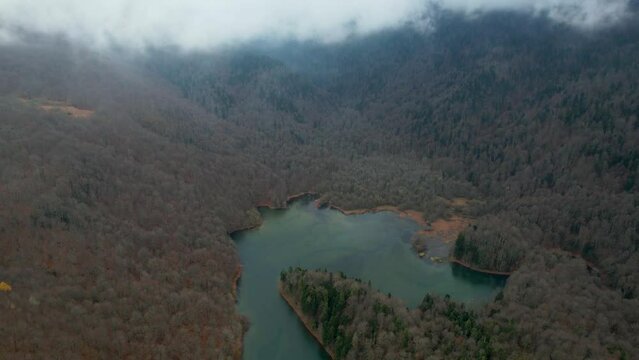 Aerial view of Montenegro Biograd Lake autumn colors and defoliated trees wooden pier and clouds with boats