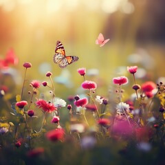 Beautiful field of colorful wild flowers and butterflies in the rays of sunlight in summer in the...