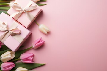 Mother's Day decorations concept. Top view photo of trendy gift boxes with ribbon bows and tulips on isolated pastel pink background with copyspace. generative ai.