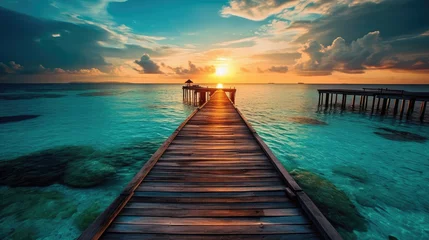 Foto op Canvas A small wooden bridge over a beautiful sea © evening_tao