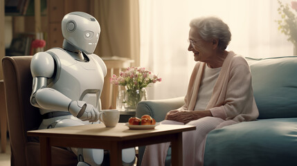 Future Smart Elderly Care AI Robot Assistant Nurse. Innovative Personal Android Companion Talking to Retired Old Lady. Chatting, Emotional Support, Helping Senior Woman with her Daily Life - obrazy, fototapety, plakaty