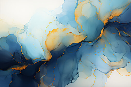 Watercolor alcohol ink abstract painting with fluid lines and shapes predominantly in blue and gold tones, exuding a dreamy ethereal quality.