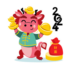 Funny red Chinese dragon. Symbol of the year 2024. Zodiac. Vector cartoon illustration isolated on a white background