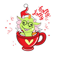 Merry Christmas and Happy New Year card with Little dragon in Santa Clause Hat. Vector illustration Chinese symbol new year