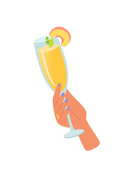 Woman hand with glass of alcohol cocktail or drink vector illustration isolated on white background. Female holds goblet with champagne. People celebrating with toasts and cheering. Party time