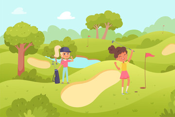 Children play golf on golf course, cute teen holding club, happy girls playing fun game