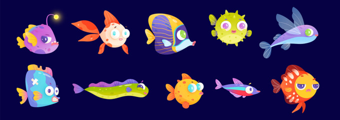 Funny fish characters set vector illustration. Cartoon kids collection of cute different isolated marine animals and sea underwater fantasy creatures of bright colors, tropical aquarium fishes