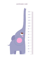 Kids height ruler in centimeters with elephant for growth measure. Cute cartoon cheerful tall animal vector illustration isolated on white background. Children wall sticker for kindergarten or home