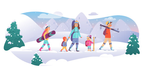 Family skiers set vector illustration. Cartoon portraits of father, mother, daughters and son on winter vacation in ski resort, adults and children going to slope to ride skis and snowboards