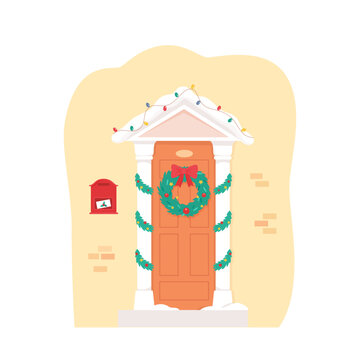 Christmas front house door decorated for holiday. Traditional xmas georgian winter home decoration with wreath and garlands. Flat vector illustration isolated on white background