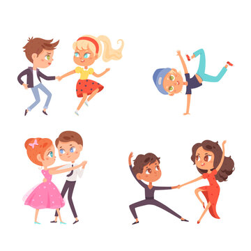 Children dance. Happy boys and girls perform various dance numbers. Child dancing studio. Friendly sport kids battle. Cute colorful cartoon kids vector illustration set. Happiness, gladness and fun