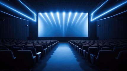 Empty of cinema in blue color with white blank screen. Mockup of hall, no people and auditorium, Generative Ai