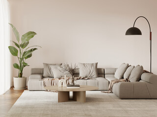 3d interior, soft and warm room with grey tufted corner sofa 
