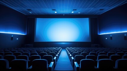 Empty of cinema in blue color with white blank screen. Mockup of hall, no people and auditorium, Generative Ai - obrazy, fototapety, plakaty