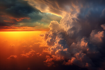 Beautiful sunset with clouds, view from the plane.