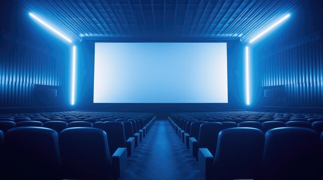 Empty of cinema in blue color with white blank screen. Mockup of hall, no people and auditorium, Generative Ai