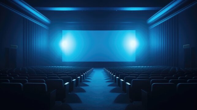 Empty of cinema in blue color with white blank screen. Mockup of hall, no people and auditorium, Generative Ai