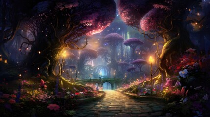 Enchanted woodland with radiant mushrooms, florid trees under a celestial twilight sky. - obrazy, fototapety, plakaty