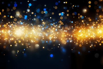 Fototapeta na wymiar abstract blue and gold background with particles. golden light sparkle and star shape on dark endless space wallpaper. Christmas theme. Shiny texture, galaxy concept - generative ai